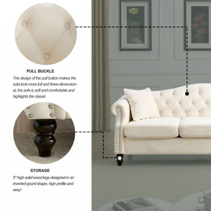 Canapé Chesterfield 79 velours gris pour salon, canapé 3 places touffeté avec accoudoirs roulés et clouté