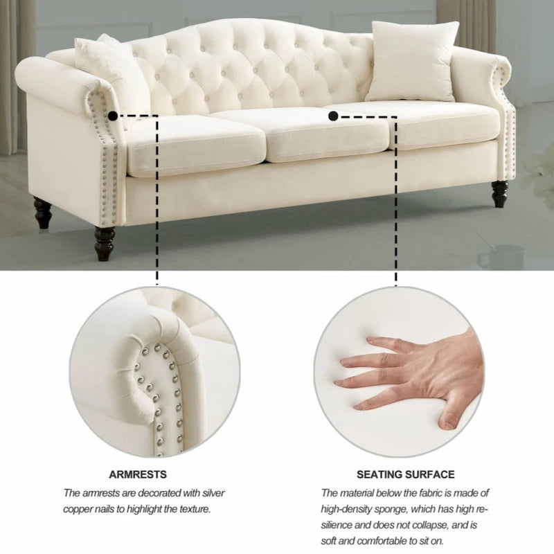 Canapé Chesterfield 79 velours gris pour salon, canapé 3 places touffeté avec accoudoirs roulés et clouté