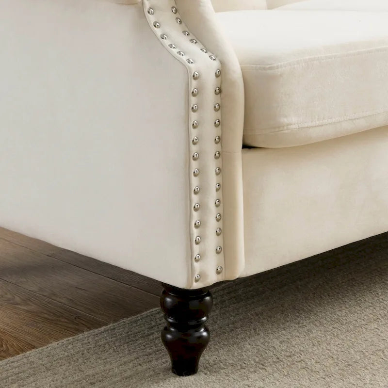 Canapé Chesterfield 79 velours gris pour salon, canapé 3 places touffeté avec accoudoirs roulés et clouté