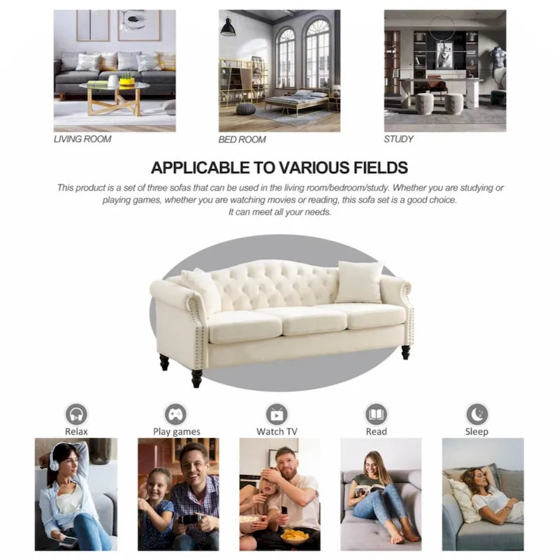 Canapé Chesterfield 79 velours gris pour salon, canapé 3 places touffeté avec accoudoirs roulés et clouté