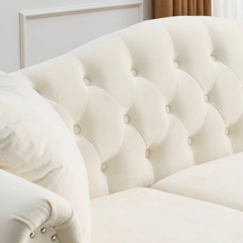 Canapé Chesterfield 79 velours gris pour salon, canapé 3 places touffeté avec accoudoirs roulés et clouté