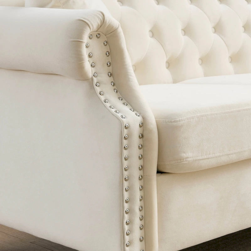 Canapé Chesterfield 79 velours gris pour salon, canapé 3 places touffeté avec accoudoirs roulés et clouté