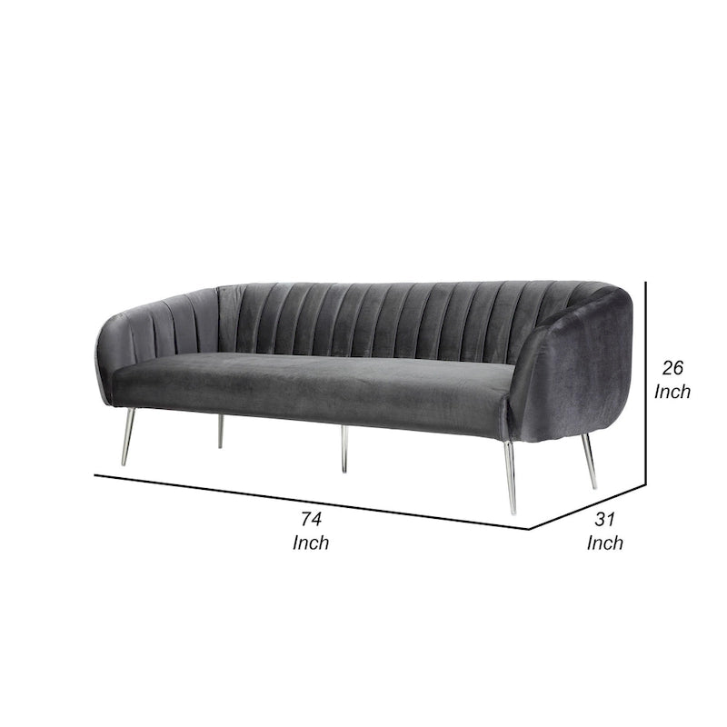 Canapé Decy 74 po, surpiqûres horizontales, assise coussinée, velours gris, argent