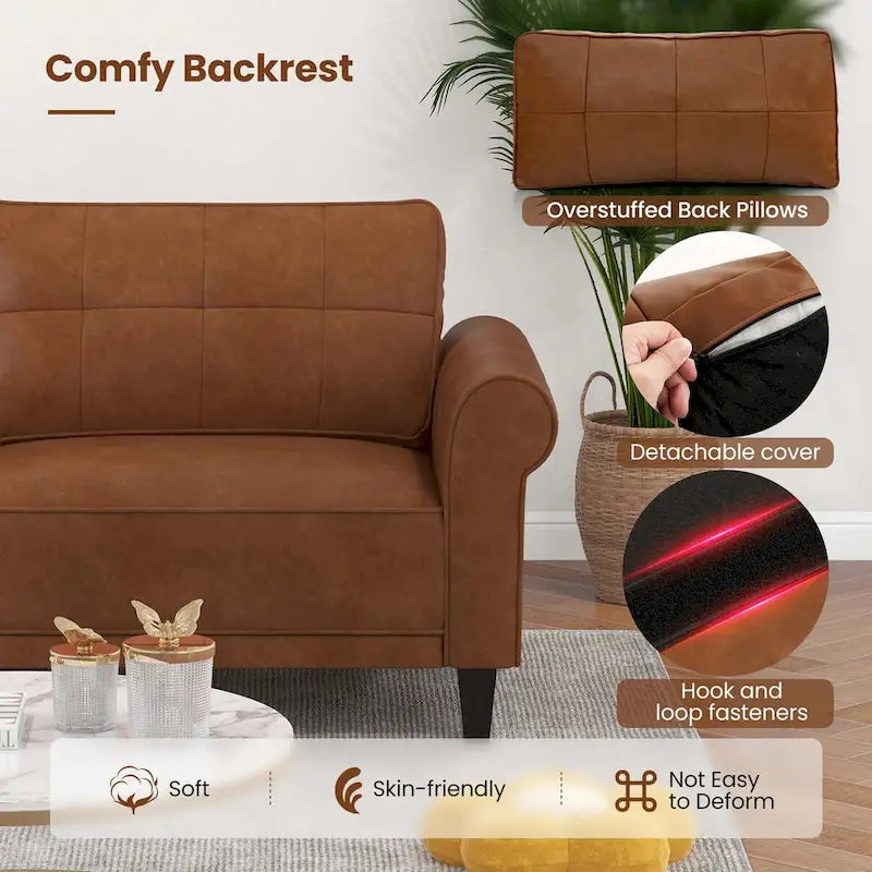 Canapé moderne en cuir PU 3 places avec 2 coussins de dossier et pieds en bois