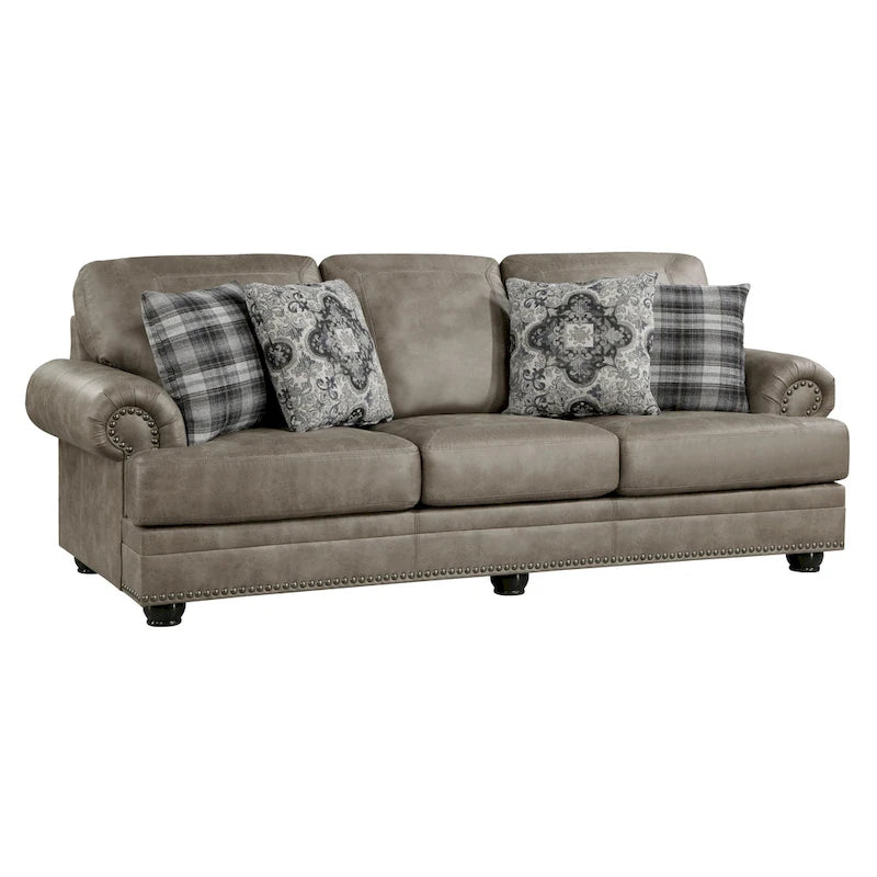 Canapé Jade 98 po, microfibre brun taupe, 4 oreillers, coussins moelleux, bois