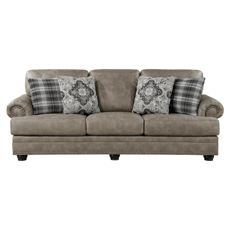 Canapé Jade 98 po, microfibre brun taupe, 4 oreillers, coussins moelleux, bois
