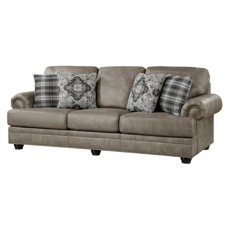 Canapé Jade 98 po, microfibre brun taupe, 4 oreillers, coussins moelleux, bois