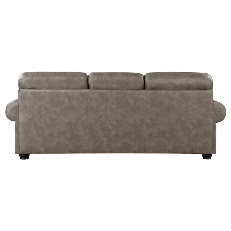Canapé Jade 98 po, microfibre brun taupe, 4 oreillers, coussins moelleux, bois