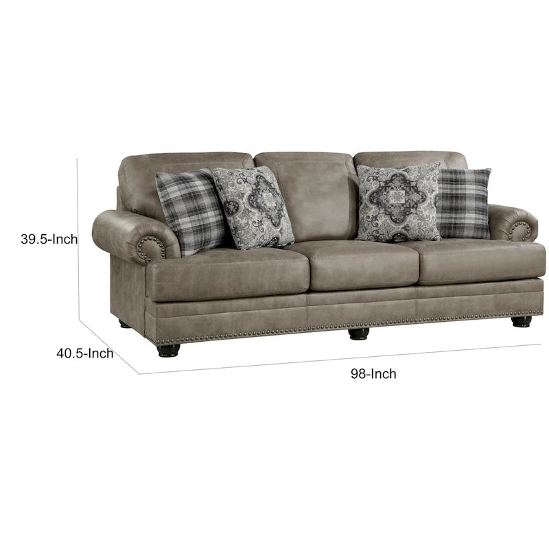 Canapé Jade 98 po, microfibre brun taupe, 4 oreillers, coussins moelleux, bois
