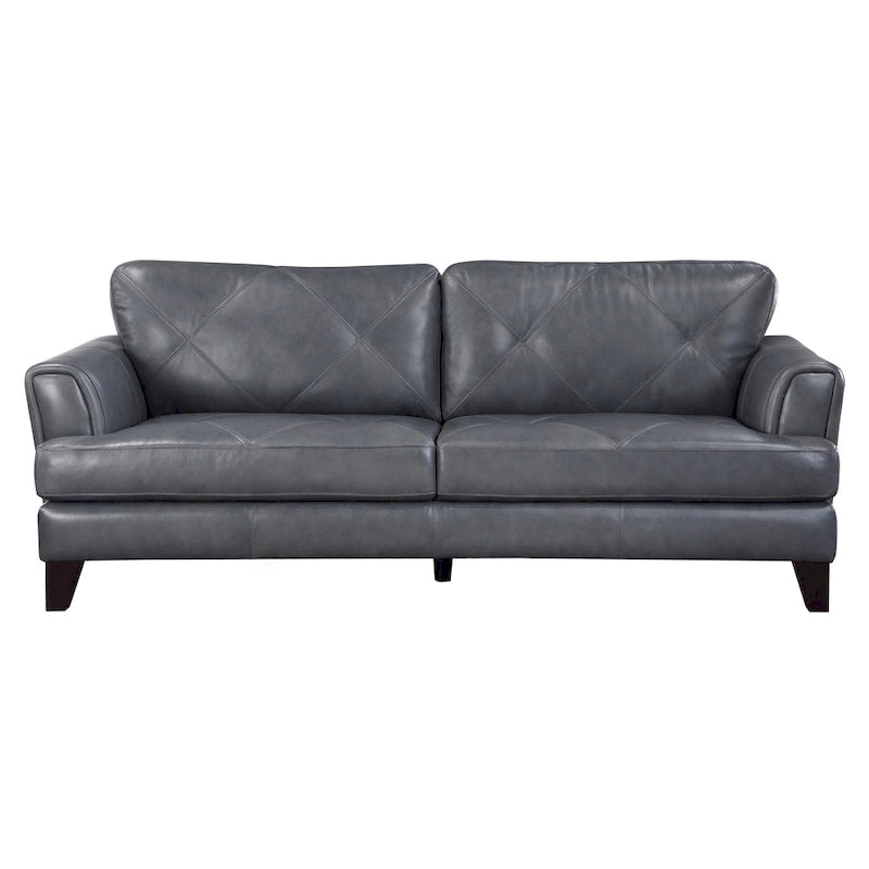 Canapé Lisa 88 pouces, cuir pleine fleur et croûte gris, bois massif marron