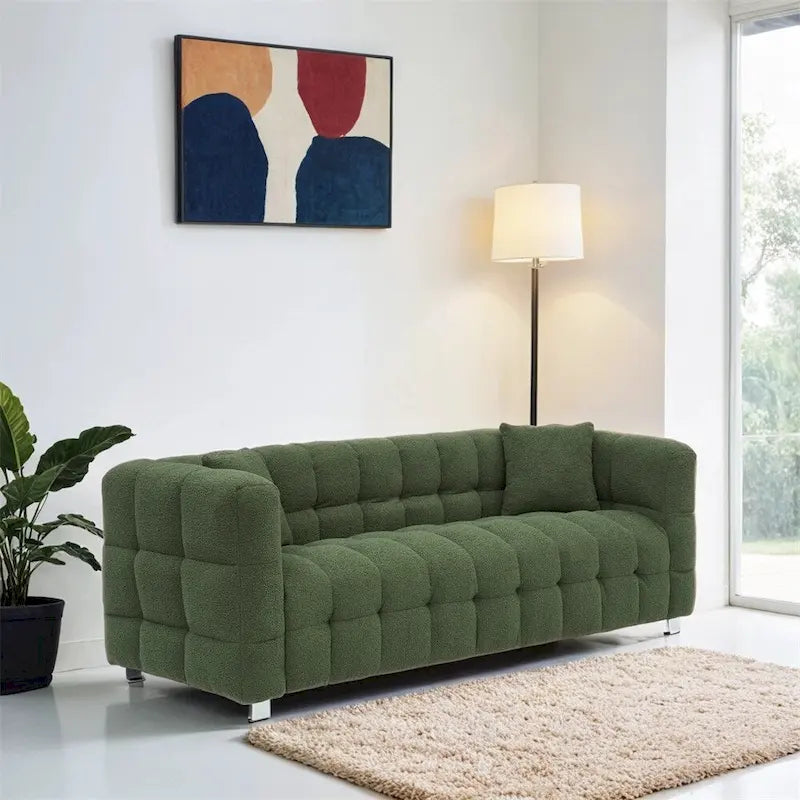 Canapé en polaire Teddy avec deux coussins décoratifs et pieds de support en métal