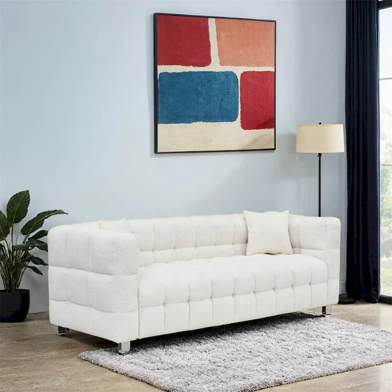 Canapé en polaire Teddy avec deux coussins décoratifs et pieds de support en métal