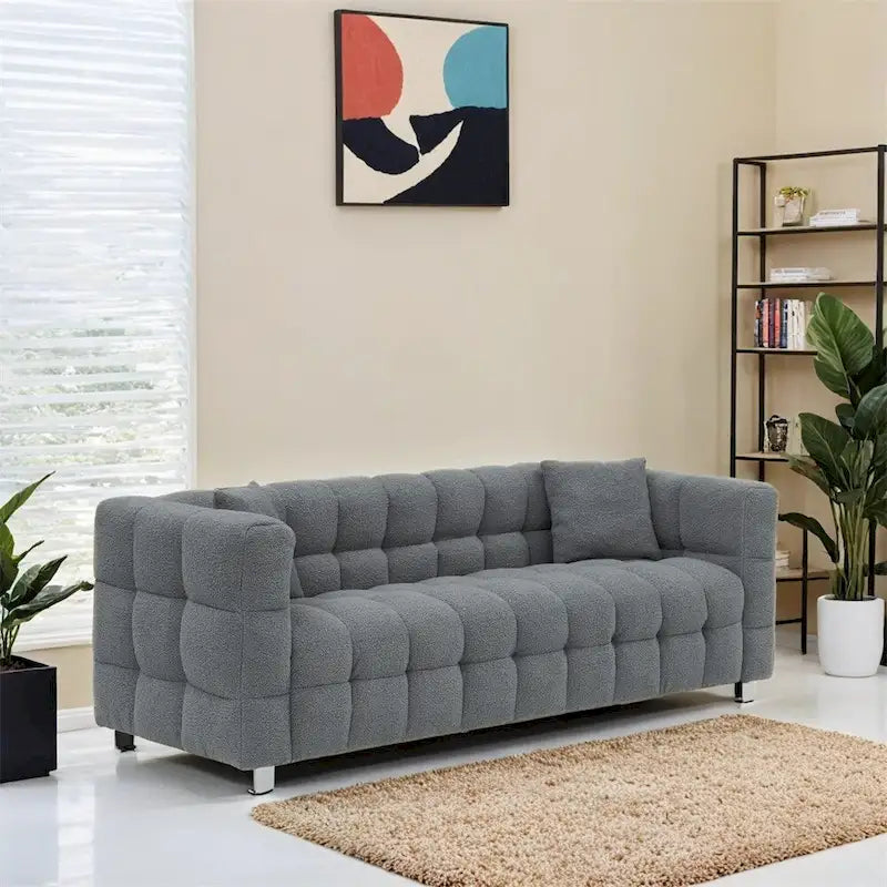 Canapé en polaire Teddy avec deux coussins décoratifs et pieds de support en métal