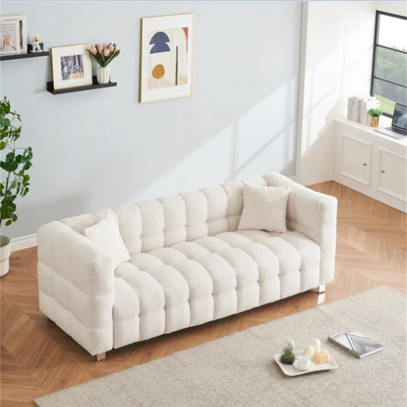 Canapé en polaire Teddy avec deux coussins décoratifs et pieds de support en métal