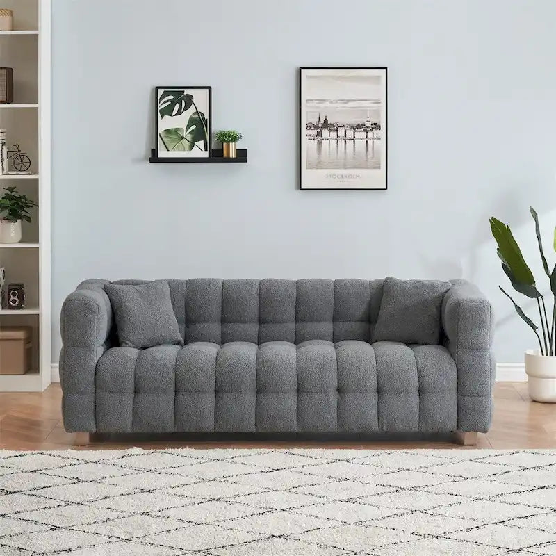 Canapé en polaire Teddy avec deux coussins décoratifs et pieds de support en métal