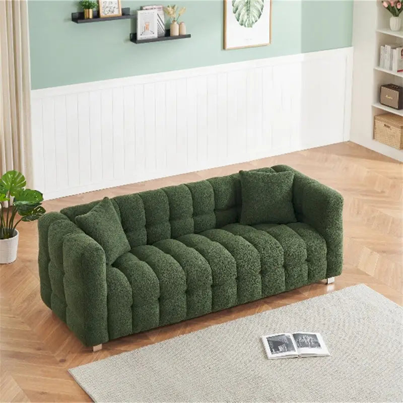 Canapé en polaire Teddy avec deux coussins décoratifs et pieds de support en métal