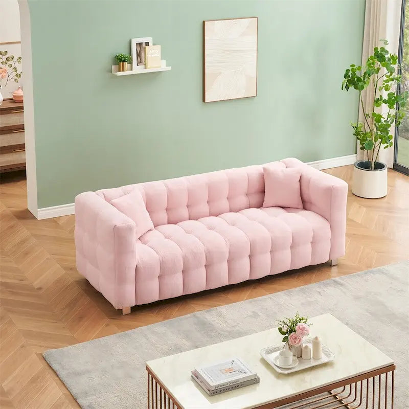 Canapé en polaire Teddy avec deux coussins décoratifs et pieds de support en métal