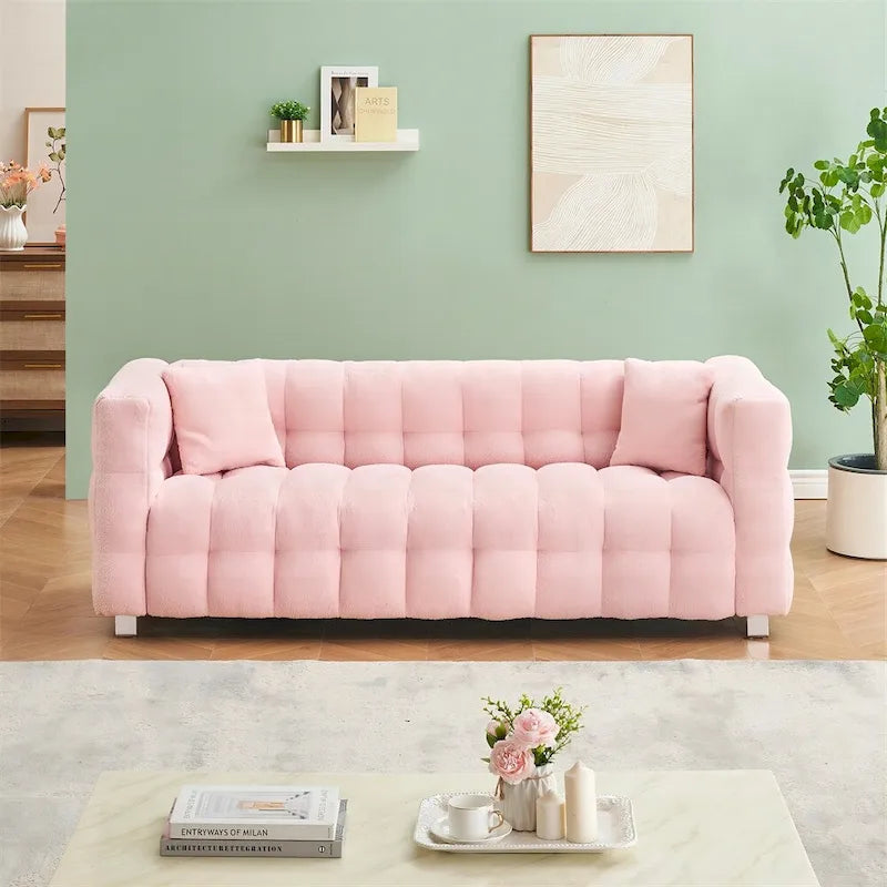 Canapé en polaire Teddy avec deux coussins décoratifs et pieds de support en métal