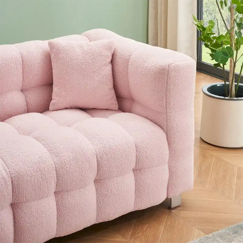 Canapé en polaire Teddy avec deux coussins décoratifs et pieds de support en métal