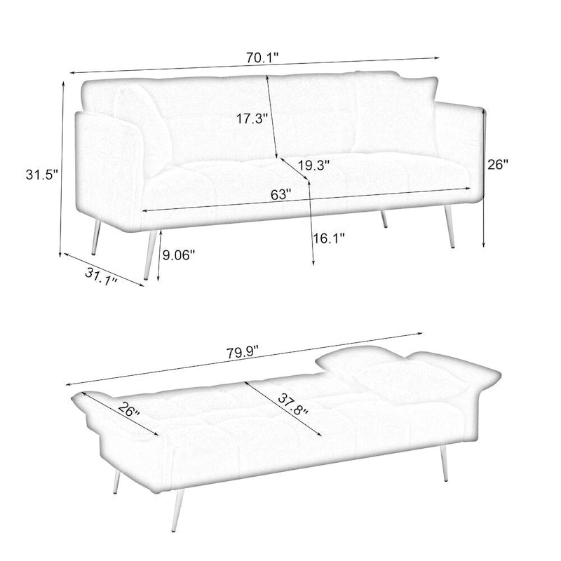 Canapé-lit futon convertible en polaire Teddy moderne de 70 pouces