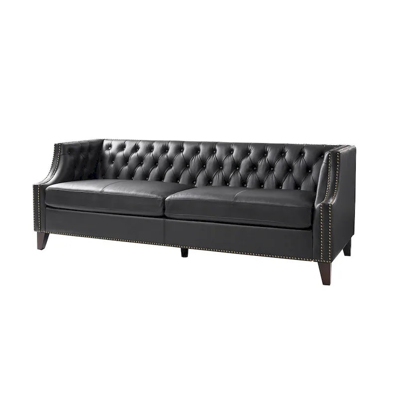 Canapé Eugène en cuir véritable, style transitionnel, capitonné, avec pieds en bois massif par HULALA HOME