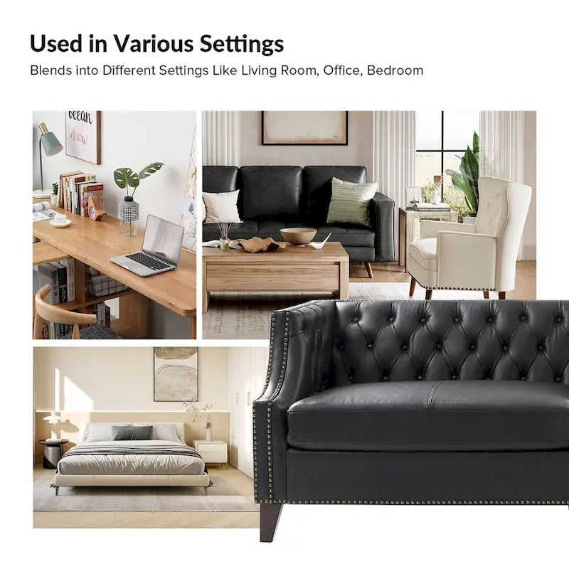 Canapé Eugène en cuir véritable, style transitionnel, capitonné, avec pieds en bois massif par HULALA HOME