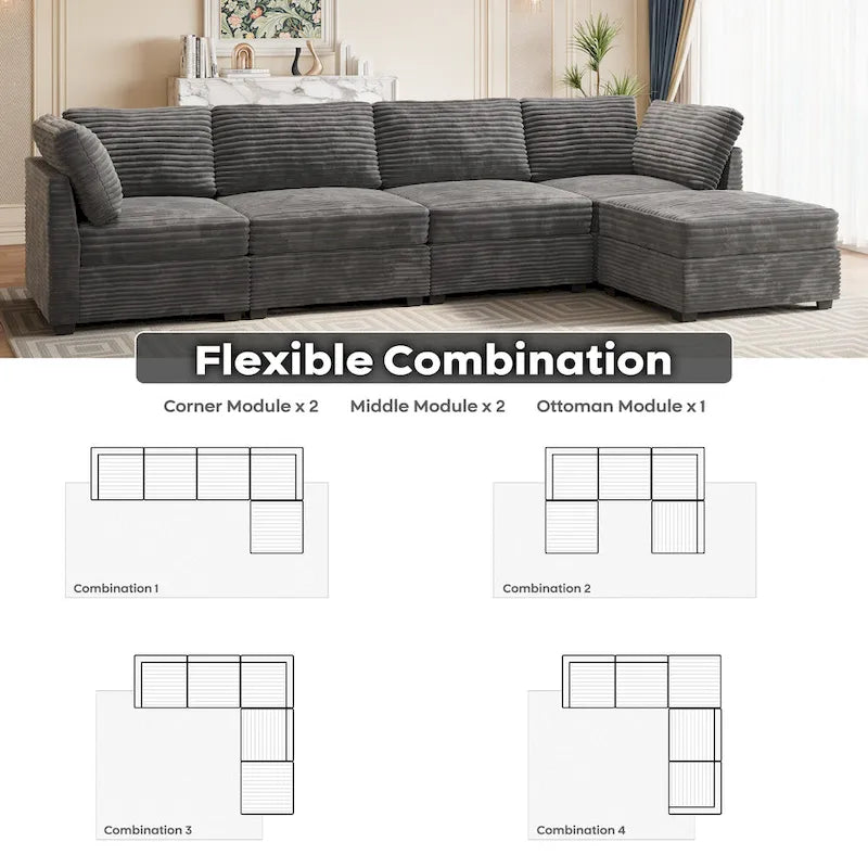 Canapé d'intérieur OVIOS avec pouf et rembourrage en peluche profonde
