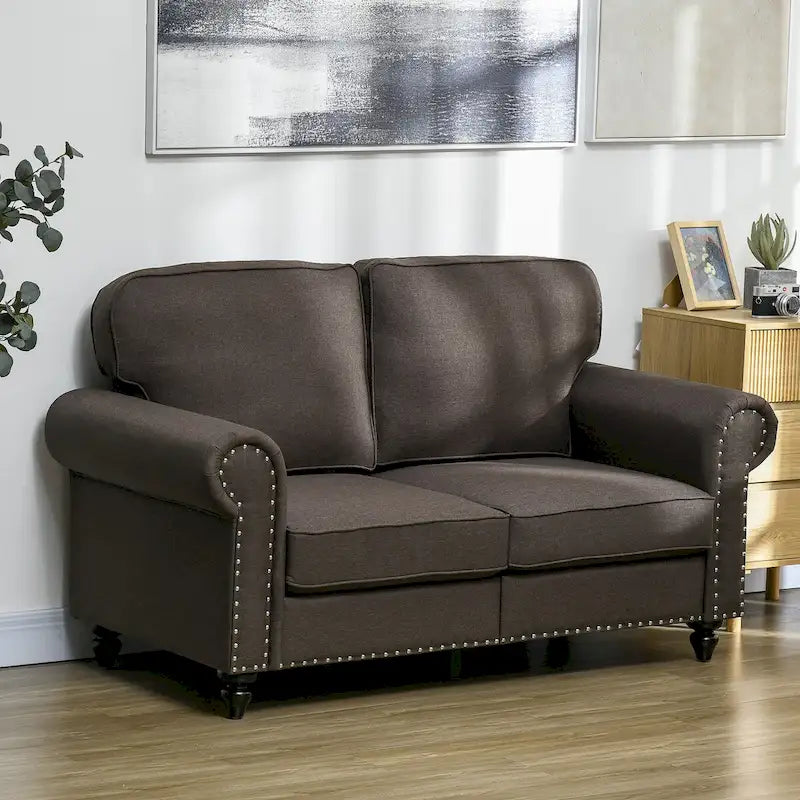 HOMCOM Canapé deux places 61", petit canapé deux places moderne du milieu du siècle avec bordure cloutée, accoudoirs roulés, canapé deux places rembourré en tissu
