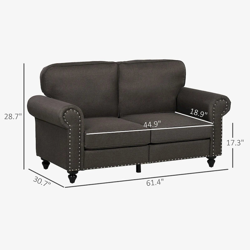 HOMCOM Canapé deux places 61", petit canapé deux places moderne du milieu du siècle avec bordure cloutée, accoudoirs roulés, canapé deux places rembourré en tissu
