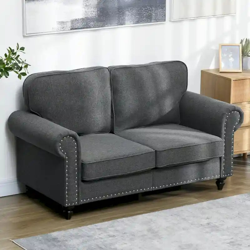 HOMCOM Canapé deux places 61", petit canapé deux places moderne du milieu du siècle avec bordure cloutée, accoudoirs roulés, canapé deux places rembourré en tissu