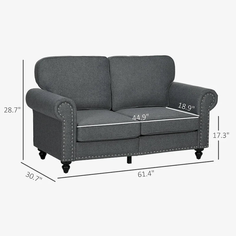 HOMCOM Canapé deux places 61", petit canapé deux places moderne du milieu du siècle avec bordure cloutée, accoudoirs roulés, canapé deux places rembourré en tissu