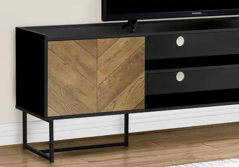 Meuble TV moderne 71" avec rangement et gestion des câbles pour TV jusqu'à 80" - Deux tons noir et marron