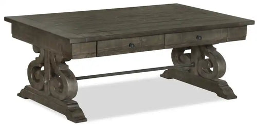 Bellamy 50 Traditional Coffee Table with Storage - Dark Brown Pine with Scroll Design Wood Base