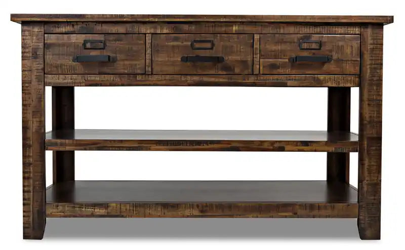 Table console rustique avec rangement et étagère - Bois marron