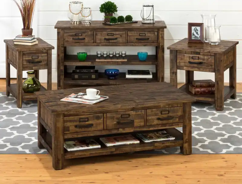 Table console rustique avec rangement et étagère - Bois marron