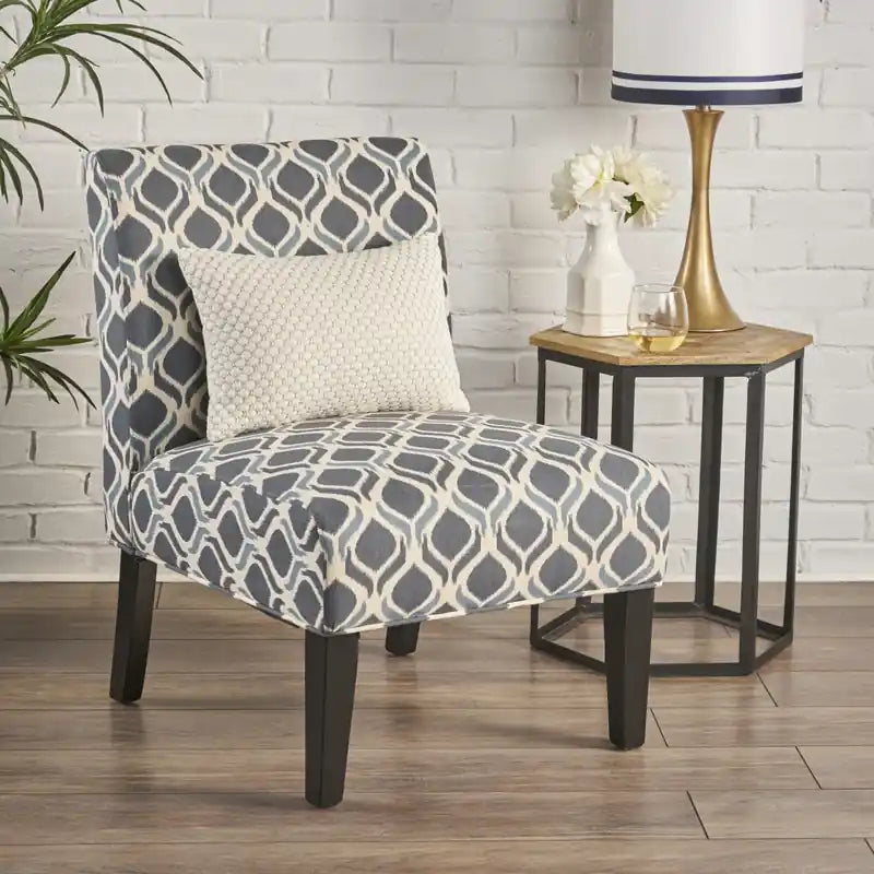 Fauteuil d'appoint en tissu aspect lin avec pieds en bois d'hévéa - Bleu et gris