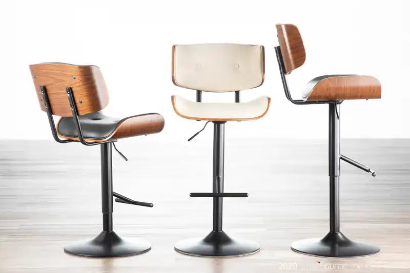 Tabouret de bar réglable en similicuir, style moderne du milieu du siècle - Noyer/Noir