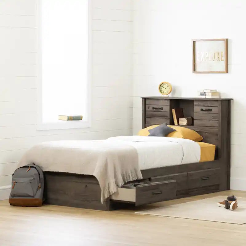 Lit de rangement avec tête de lit bibliothèque chêne Fall – Lit simple