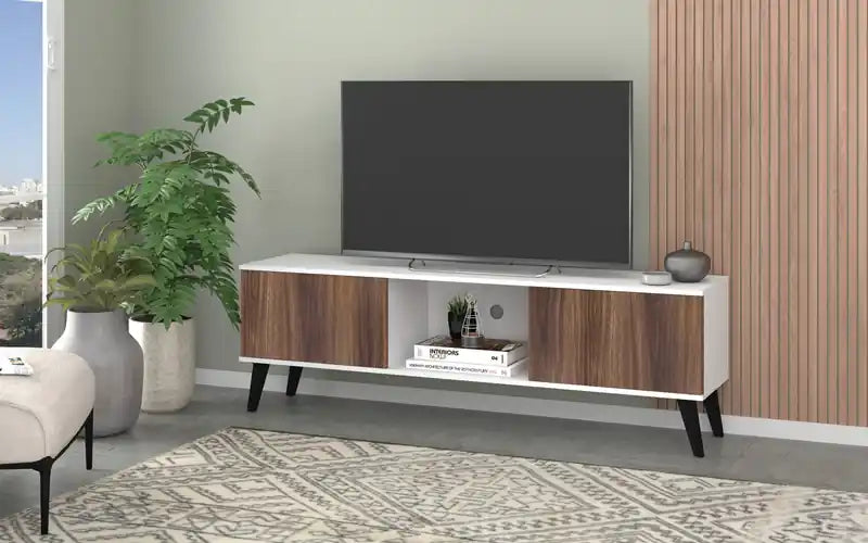 Meuble TV 62.20 Mid-Century Modern – Blanc et brun noyer
