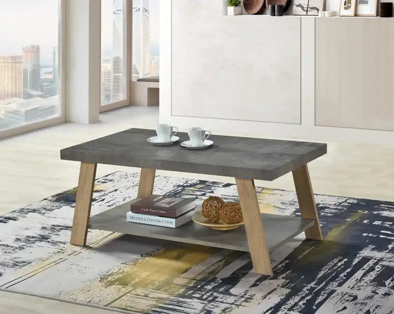 43.3 Table basse moderne avec étagère - Plateau en pierre grise avec pieds en bois clair