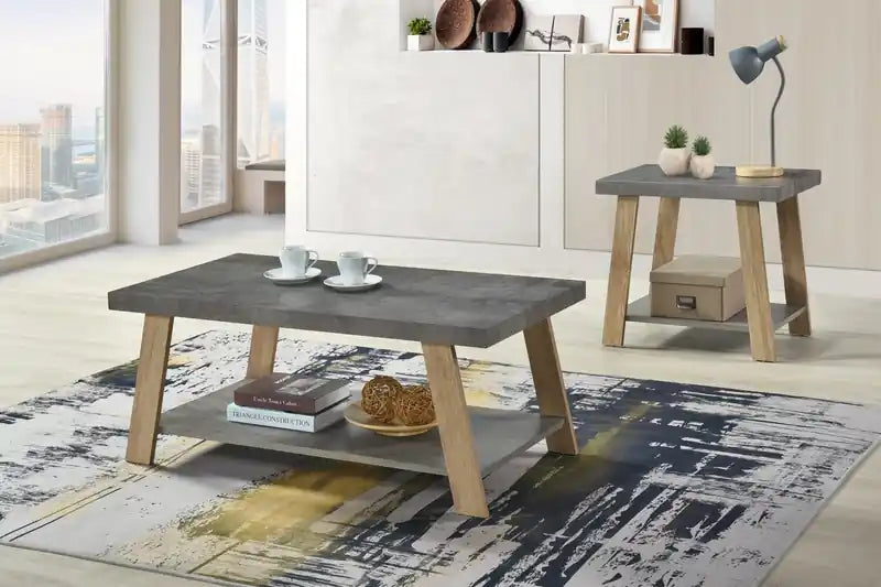 43.3 Table basse moderne avec étagère - Plateau en pierre grise avec pieds en bois clair