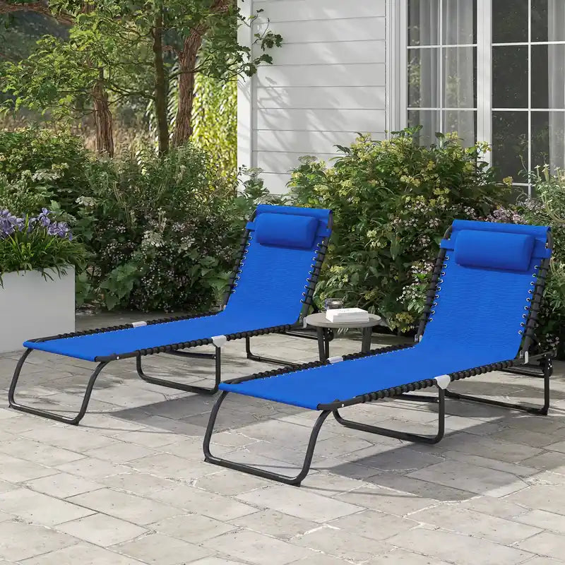 2 chaises longues pliantes avec appuie-tête bleues