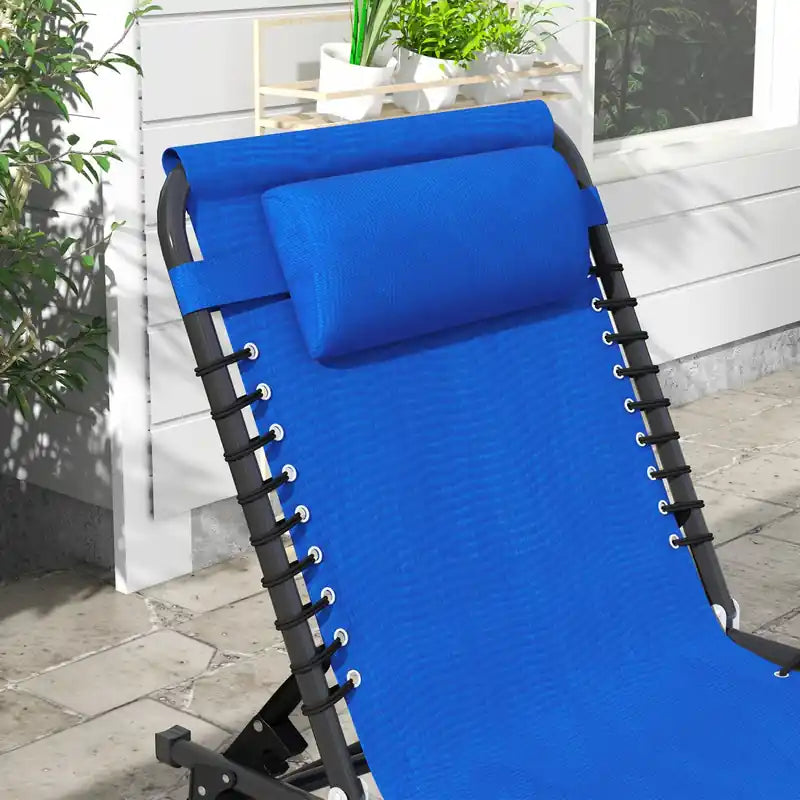2 chaises longues pliantes avec appuie-tête bleues