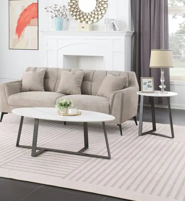 Table d'appoint ovale moderne 22 - Pierre frittée blanche avec pieds en métal gris foncé