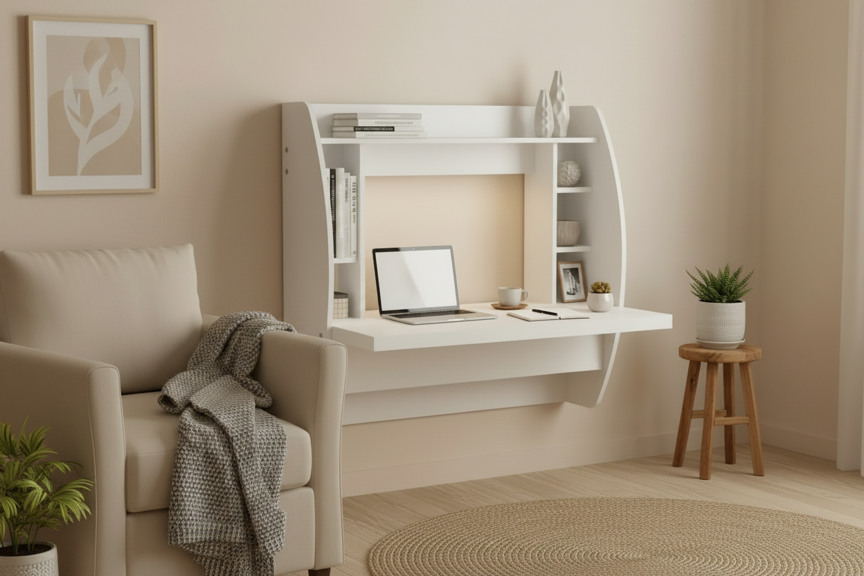 White Floating Desk - Enriched Home Office Scene
